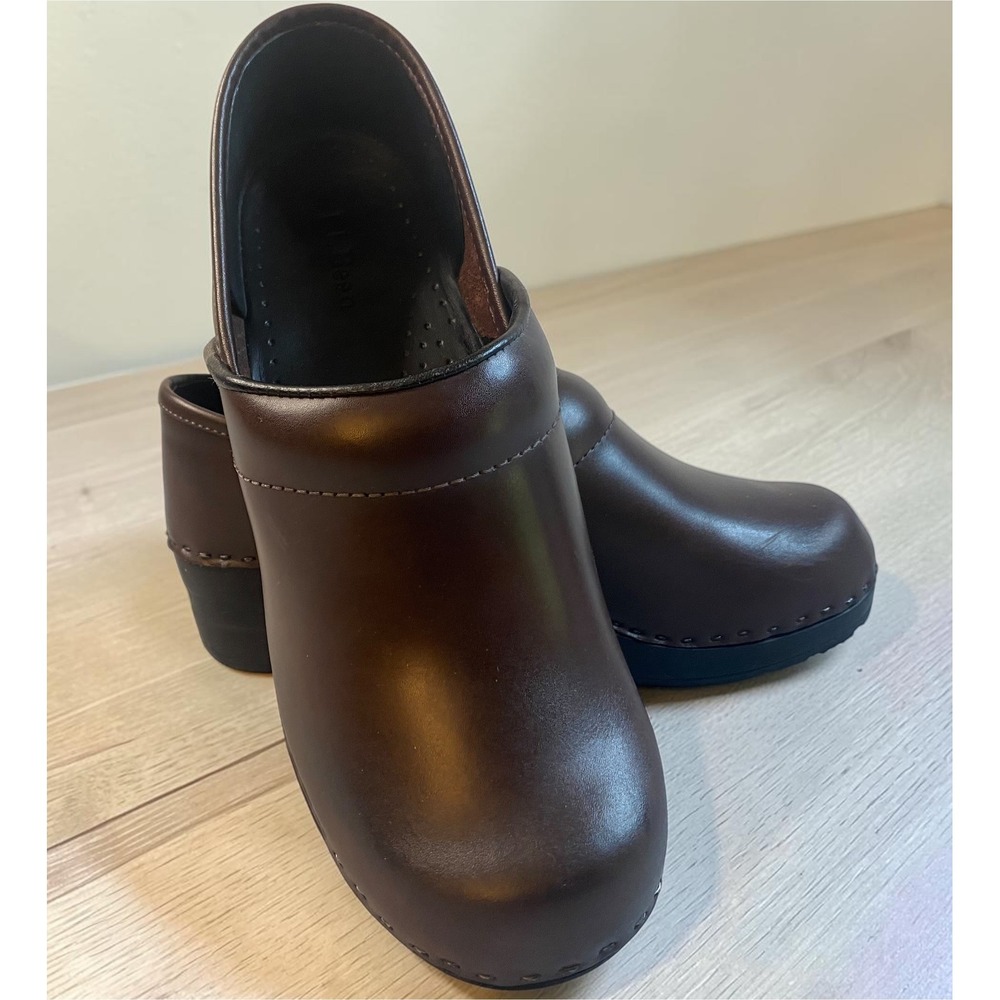 L.L. Bean Leather Platform Comfort Dark Brown Clogs Womens 8M